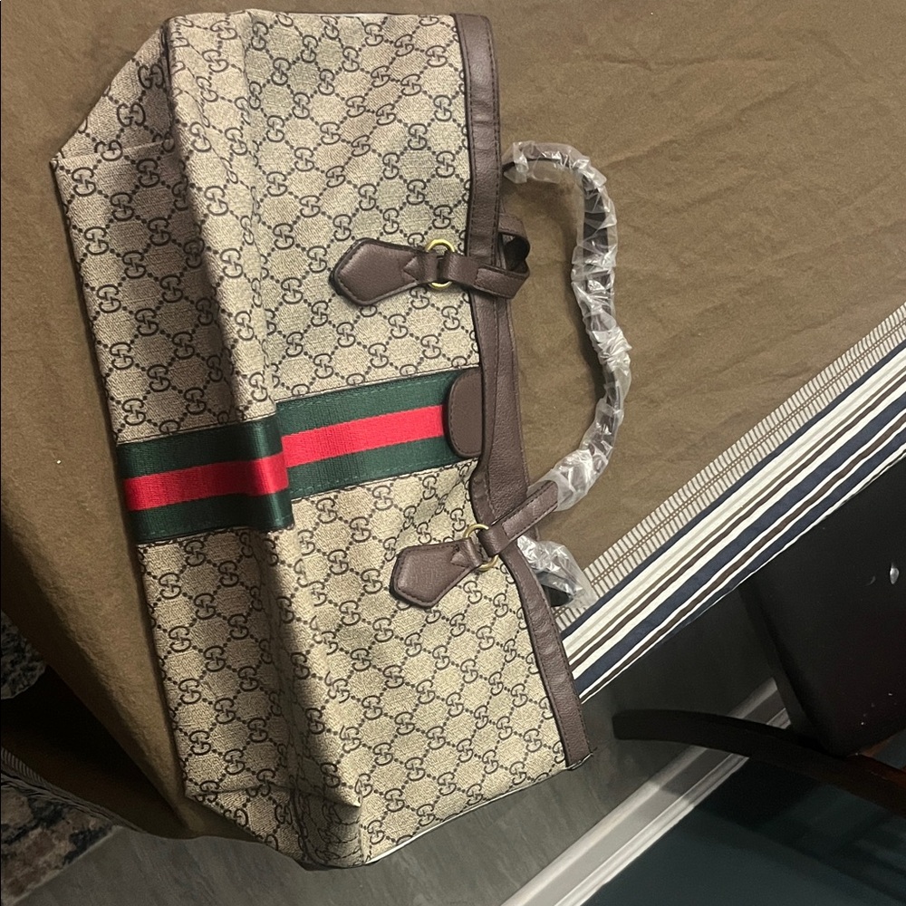 Gucci Beige and Brown Duffel Bag with Red and Green Stripe